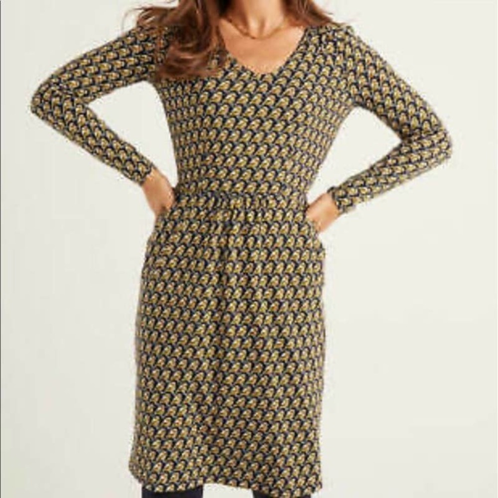 Boden Romilly Jersey Dress Bird Print Pockets V-neck long sleeve